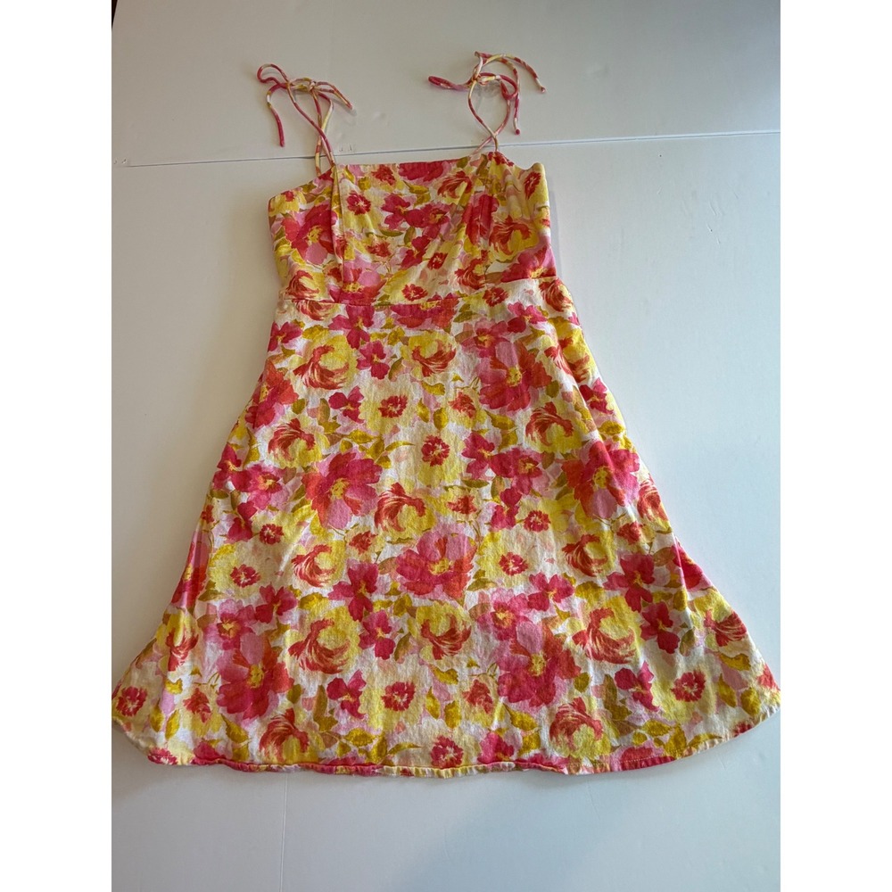 Old Navy Pink Yellow Floral Linen Blend Tie Strap Mini Sundress XS - Picture 7 of 9